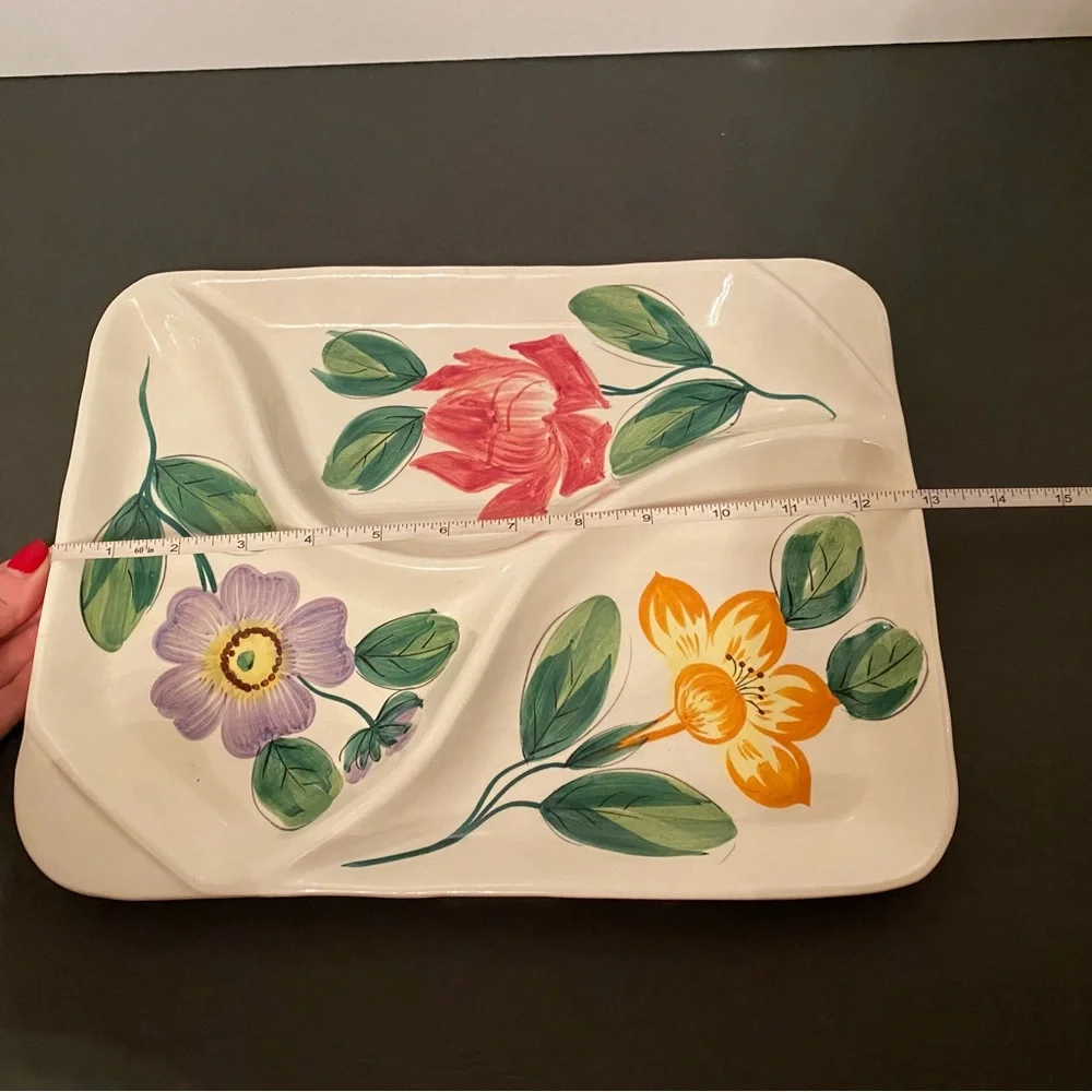 ITALY TRAY PARTY PLATTER VINTAGE HAND PAINTED CERAMIC WHITE FLORAL RECTANGLE